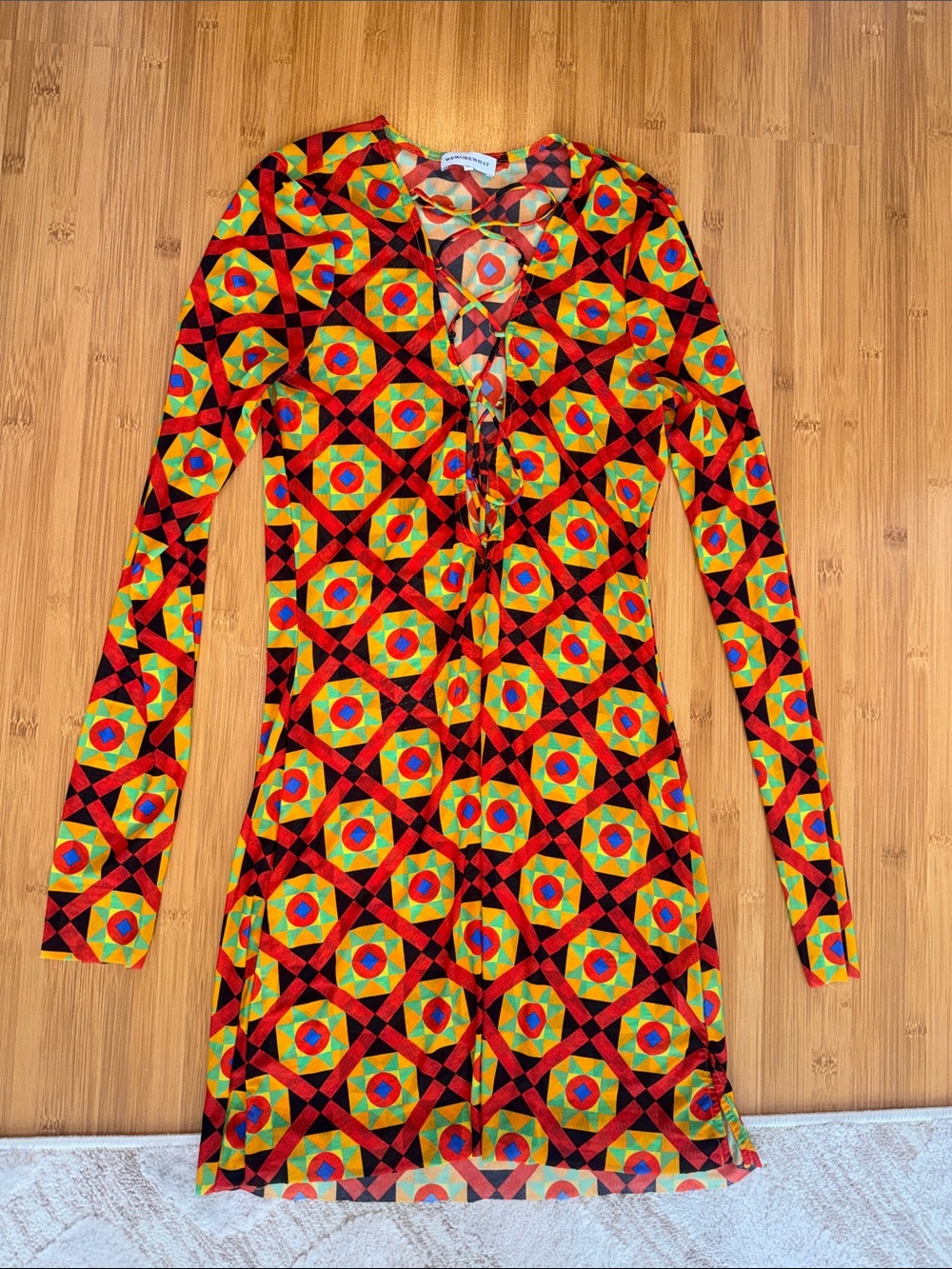 WeWoreWhat Long Sleeve Geometric Lace-Up Mess Mini Dress in Red and Yellow